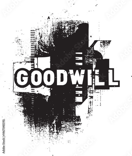 A bold textured displays the word 'Goodwill' in a distressed black and white style.