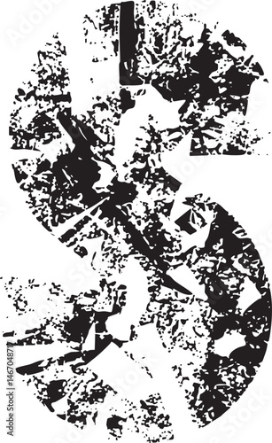 A distressed fragmented circular shape dominates the with sharp edges and chaotic lines.