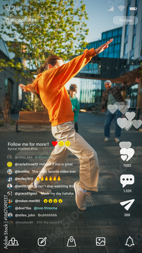 Video Sharing Social Network Template. Caucasian Female Dancing in an Urban Park, Teammates Cheering On Her Performance. Digital Interaction with Users, Followers and Friends Happening in Real Time