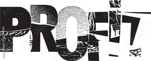 Bold letters ‘Profit’ are fragmented and scattered across a dark background.