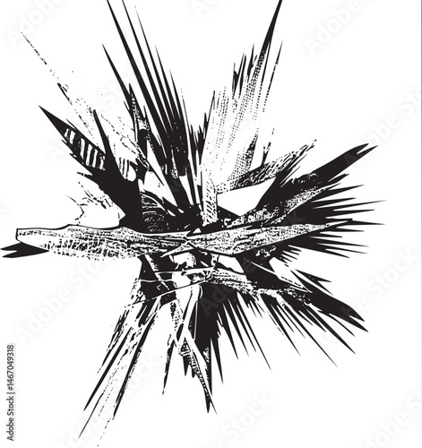 A stylized pine branch explodes outward in a dynamic burst of lines.