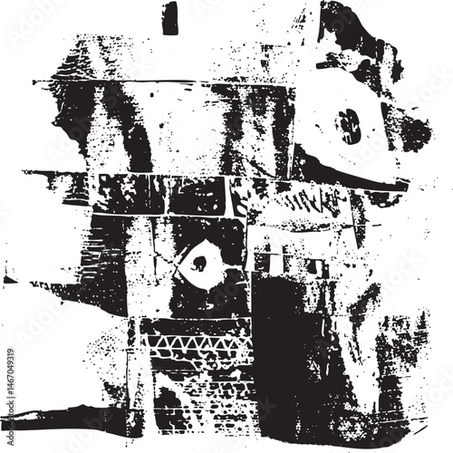 A distressed fragmented black and white depicts a human silhouette.