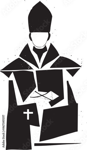 A solitary figure in a bishop's robe holds an open book with a cross symbol.