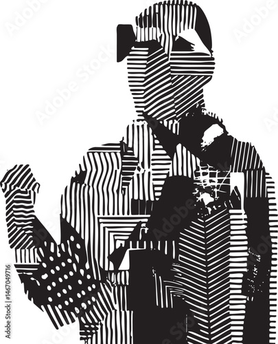 A silhouetted figure gestures emphatically with outstretched arms against a textured background.