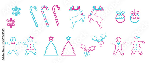 Christmas Outline Elements Set. Vector Magenta Blue Collection Isolated on White  Background New Year Creative Minimal Design Elements. Two Colors Christmas Signs and Symbols Collection.