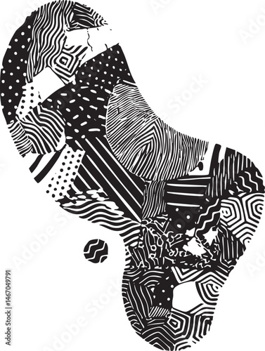 A stylized black and white representation of an African continent.