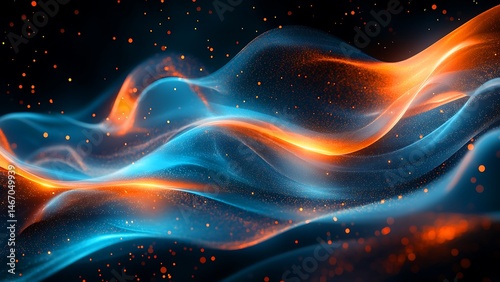 Abstract digital illustration of flowing neon waves with vibrant blue and orange color blending against a dark background.