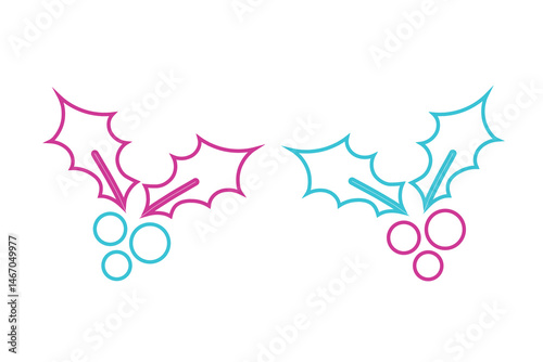 Vector Christmas holly berry flat  icons. Neon magenta blue design elements for Christmas and new year Colorful berries icons set. Isolated on white background. Cartoon Style Holly Berries Collection.