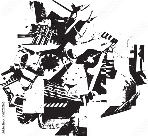 A fragmented abstract portrait emerges from chaotic black and white shapes.