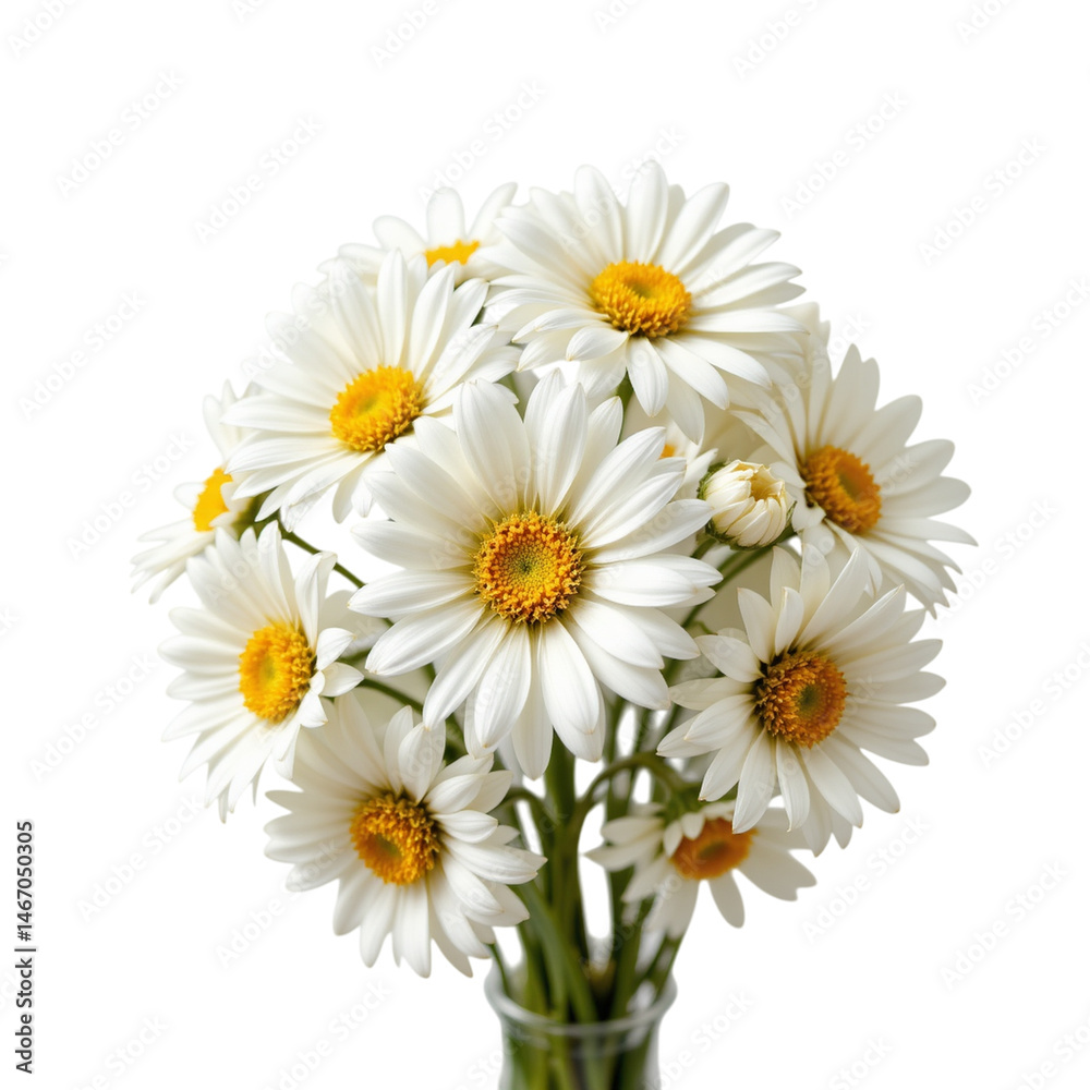 Fototapeta premium Beautiful bouquet of white daisies with yellow centers arranged in glass vase, radiating fresh and elegant charm