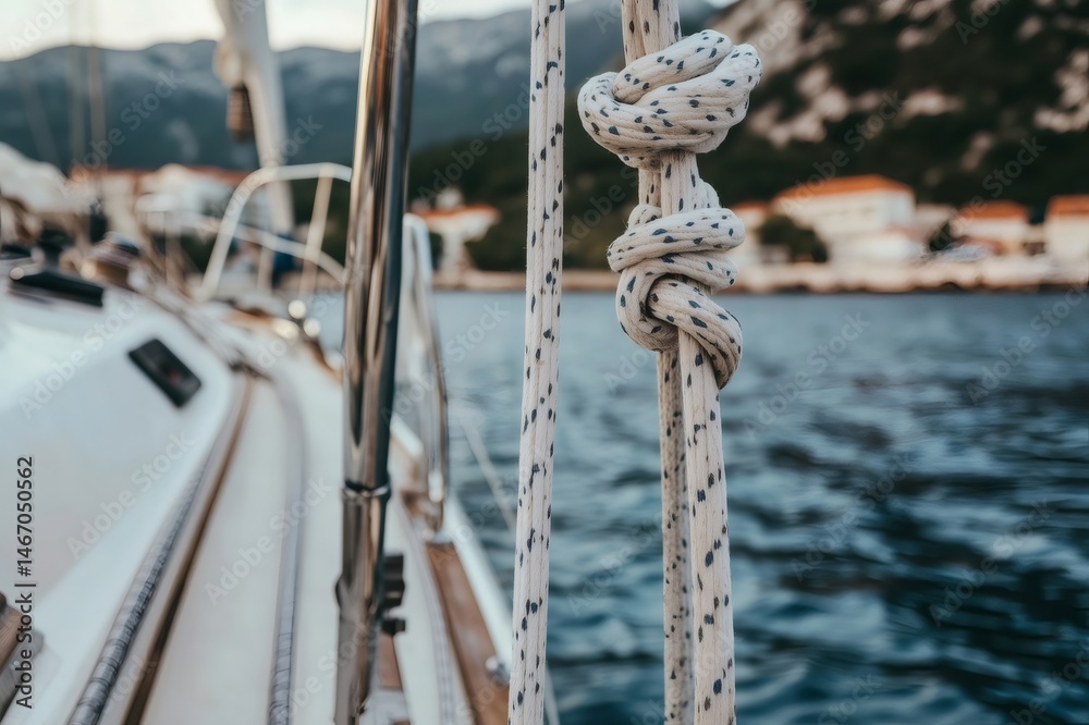 Obraz premium Sailing rope knots securing the mast of a sailboat on a sunny day, creating a nautical scene of maritime adventure