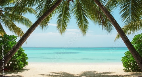 Tropical beach view framed by palm trees and vegetation