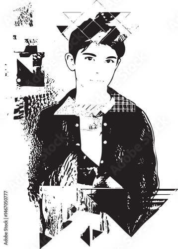 A young man’s portrait is fragmented with geometric shapes and textures.
