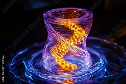 Orange glowing dna double helix spinning inside a glass vial surrounded by blue light representing genetic engineering and biomedical research