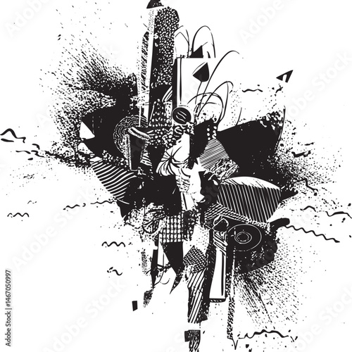 A stylized fragmented figure emerges from a chaotic array of geometric shapes and lines.