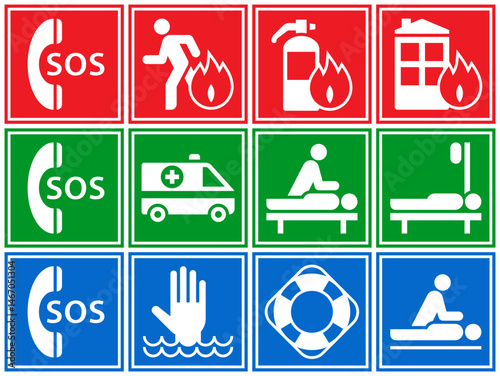First aid sign set. Fire action, emergency medicine and beach rescue symbols. Emergency action labels.