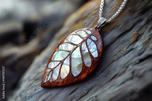 Beautiful handcrafted pendant featuring a walnut leaf design inlaid with mother of pearl, resting on a piece of weathered wood