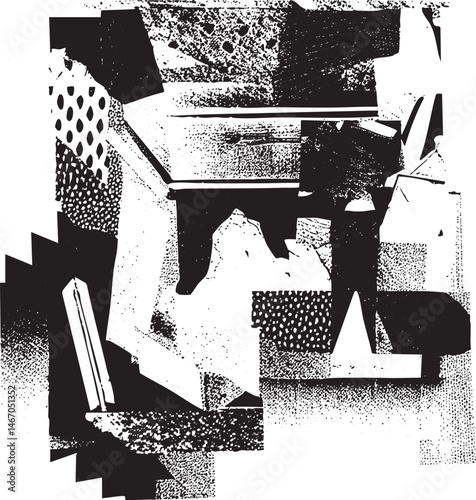 A solitary figure stands within a fragmented geometric composition.
