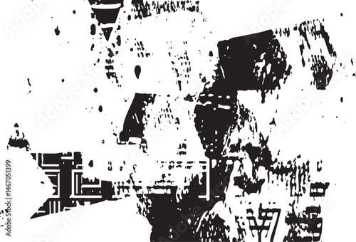 A fragmented textured white structure dominates a dark background.