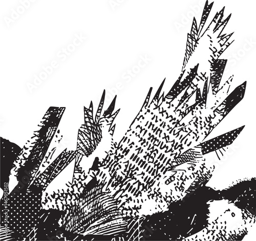 A stylized textured bird in mid-flight with outstretched wings.