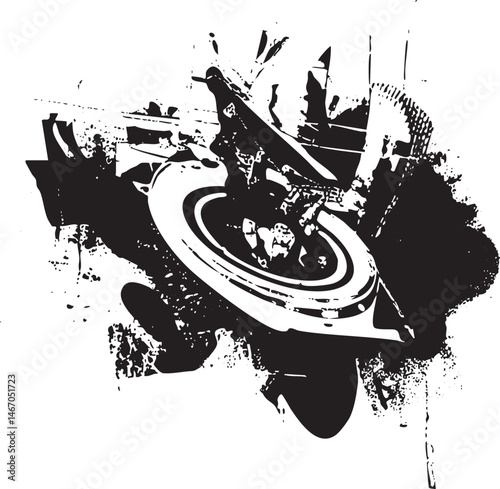 A circular tire dominates a textured abstract composition.