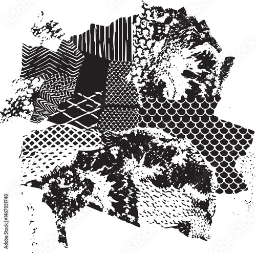 A collection of abstract geometric layered to create a textured composition.