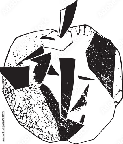 A fractured abstract shape dominates the with sharp angles and textured lines.