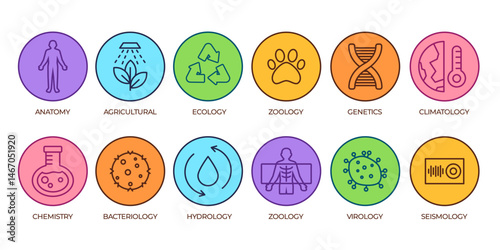 science subjects colorful icon set collection hydrology anatomy climatology bacteriology virology seismology