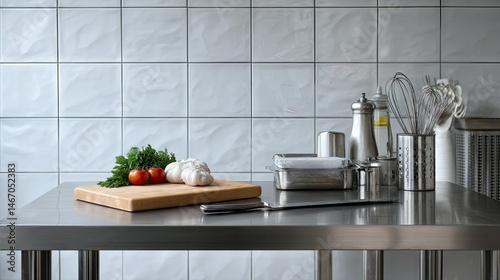 Fototapeta Naklejka Na Ścianę i Meble -  Empty chef's workstation with polished stainless steel island and clean tile walls in background