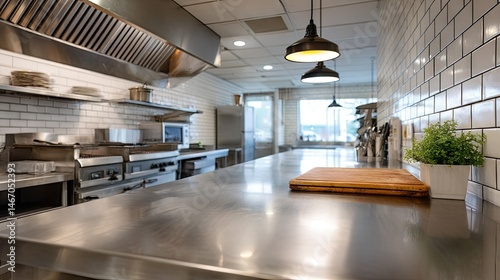 Fototapeta Naklejka Na Ścianę i Meble -  Empty chef's workstation with polished stainless steel island and clean tile walls in background