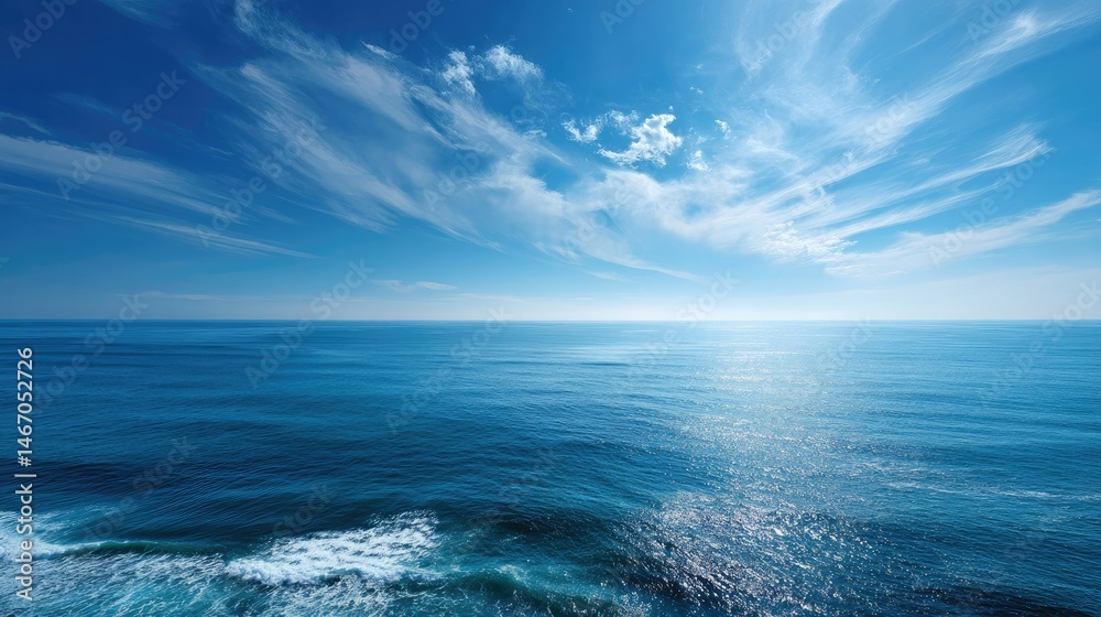 Expansive ocean view with the horizon in the distance, featuring a bright blue sky and a slight breeze making small ripples on the water Expansive ocean view with the horizon in the distance, featuring a bright blue sky and a slight breeze making small ripples on the water