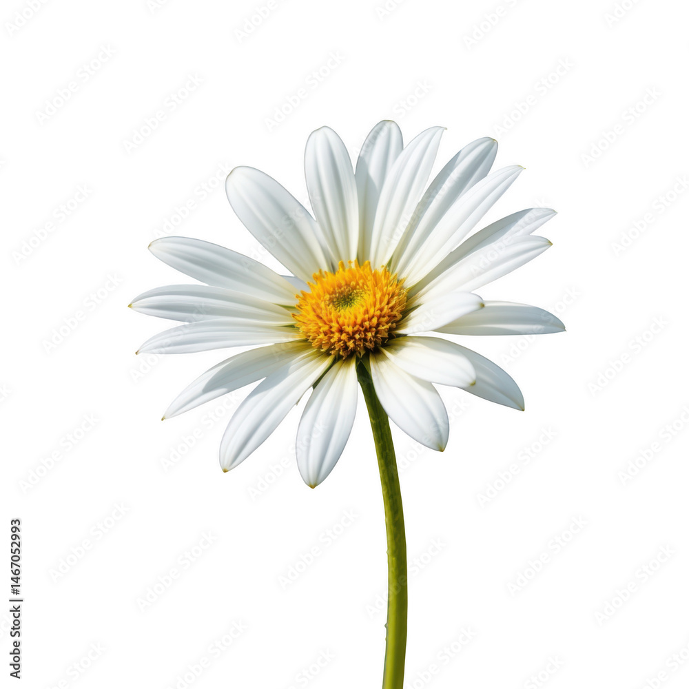 White daisy flower with yellow center and green stem transparency background, showing delicate petals and natural White daisy flower with yellow center and green stem transparency background, showing delicate petals and natural