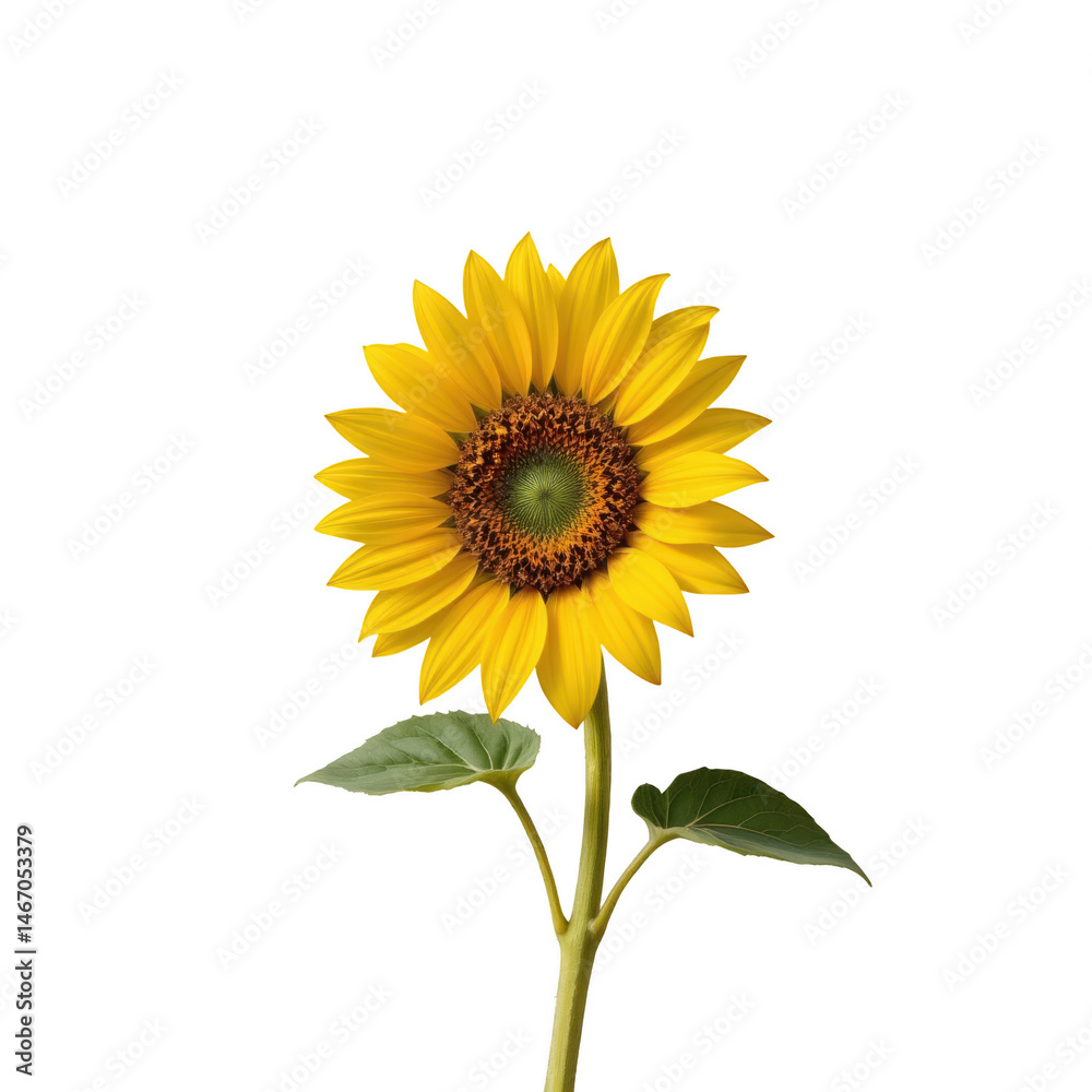 Obraz premium Bright yellow sunflower with green leaves and stem, showing natural beauty and vibrant colors in full bloom