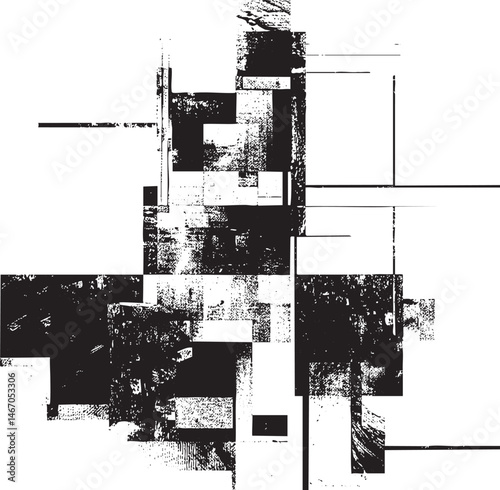Fragmented black and white geometric shapes intersect on a white background.
