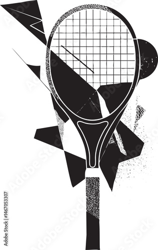 A stylized black and white depicts a shattered tennis racket with a single ball.