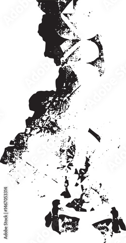 A fragmented textured silhouette of a mountainous landscape dominates the .