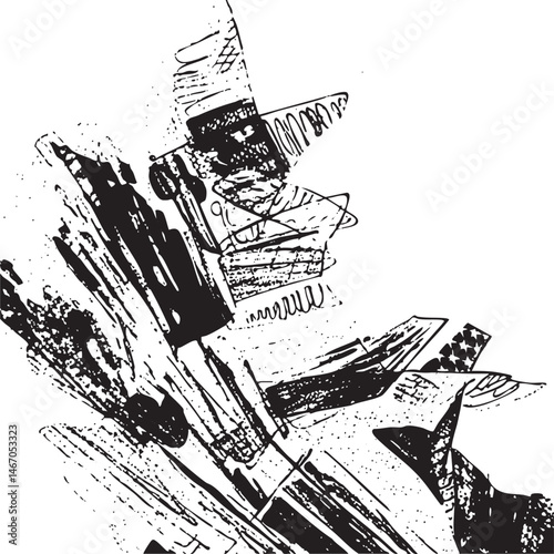 Black and white pencils are scattered across a textured surface.