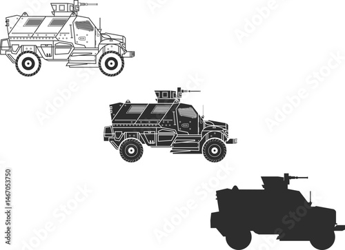 Set of icons of a wheeled armored personnel carrier, a combat vehicle for transporting infantry with a large-caliber machine gun, line, isolation, silhouette in black colors..