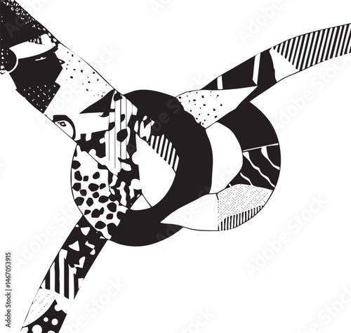 A stylized black and white abstract composition features overlapping geometric shapes and a central eye.