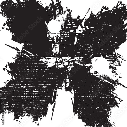 A dynamic black ink splatter creates an abstract textured composition.