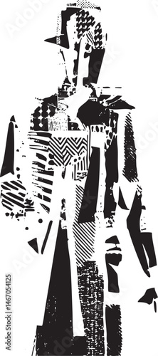 A solitary figure stands within a fragmented geometric .