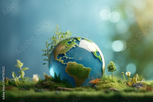 Fototapeta Naklejka Na Ścianę i Meble -  Earth Day Glass Globe in Lush Greenery Soft Lighting Vibrant Nature