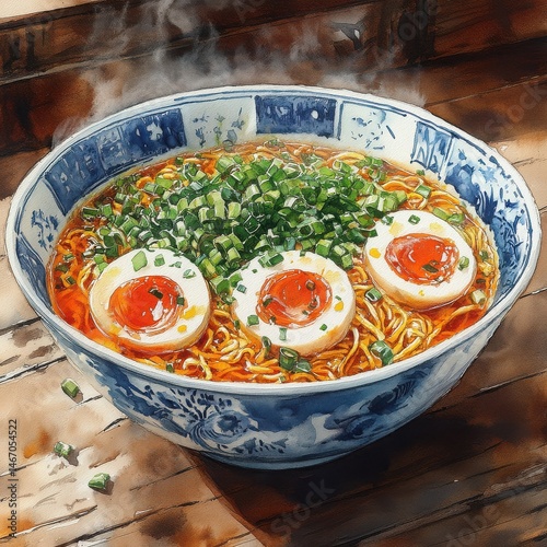Steaming Bowl of Ramen Noodles with Soft Boiled Eggs and Green Onions Japanese Cuisine