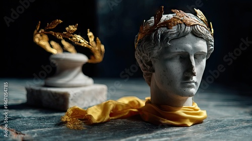 Headband displayed next to a bust of a Roman emperor, evoking strength, history, and legacy