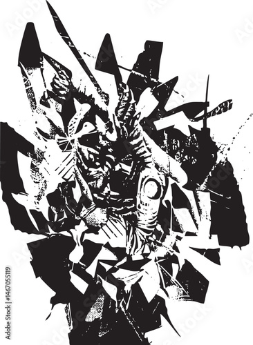 A fierce warrior confronts a chaotic explosion of shattered stone and fragments.