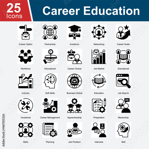 Career Education is a collection of icons representing various aspects of career development, including career options, job search, academic preparation, networking, career goals, workforce skills.