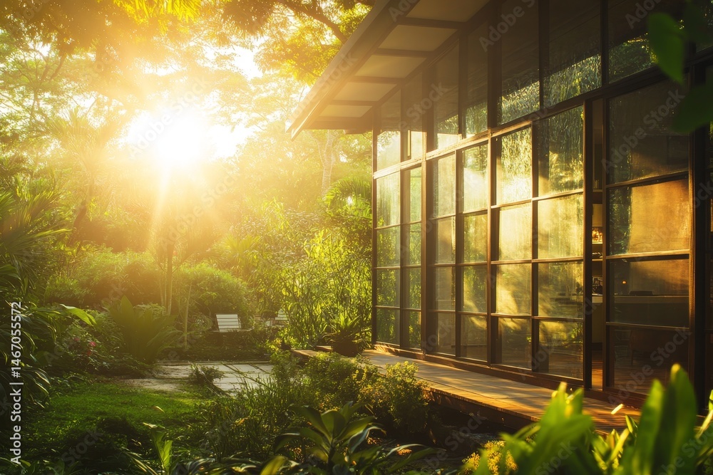 Obraz premium Sunlight streams through lush greenery onto a modern home.