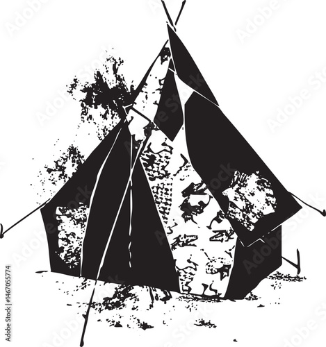 Three tents stand silhouetted against a textured abstract background.