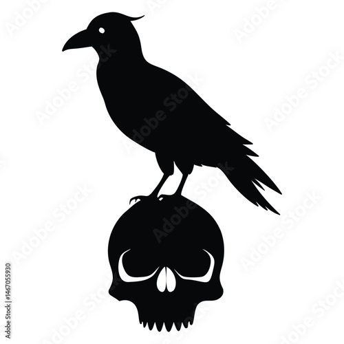 Mysterious Raven Silhouette Perched Atop a Skull Graphic Design Element