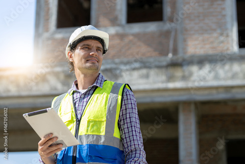 Engineers, Architects, Managers handsome caucasian man face holding a Tablet Construction of houses and buildings with confidence construction background.Free space banner,blue sky ,hard hat,vest